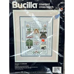 1997 Bucilla Doll’s Cupboard Counted Cross Stitch Kit 40514 Nursery Sampler NIP